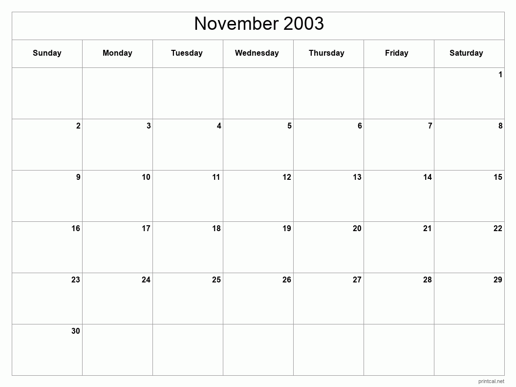 November 2003 Printable Calendar - Classic Blank Sheet