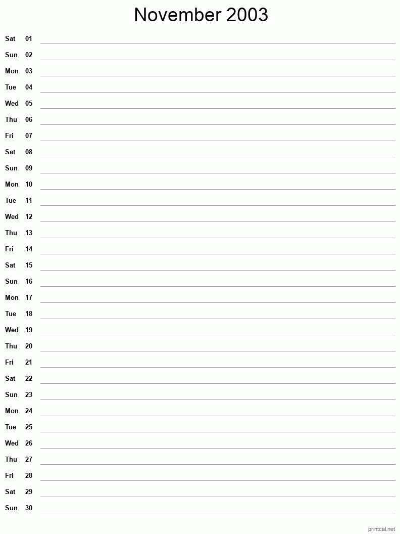 November 2003 Printable Calendar - Single Column Notesheet