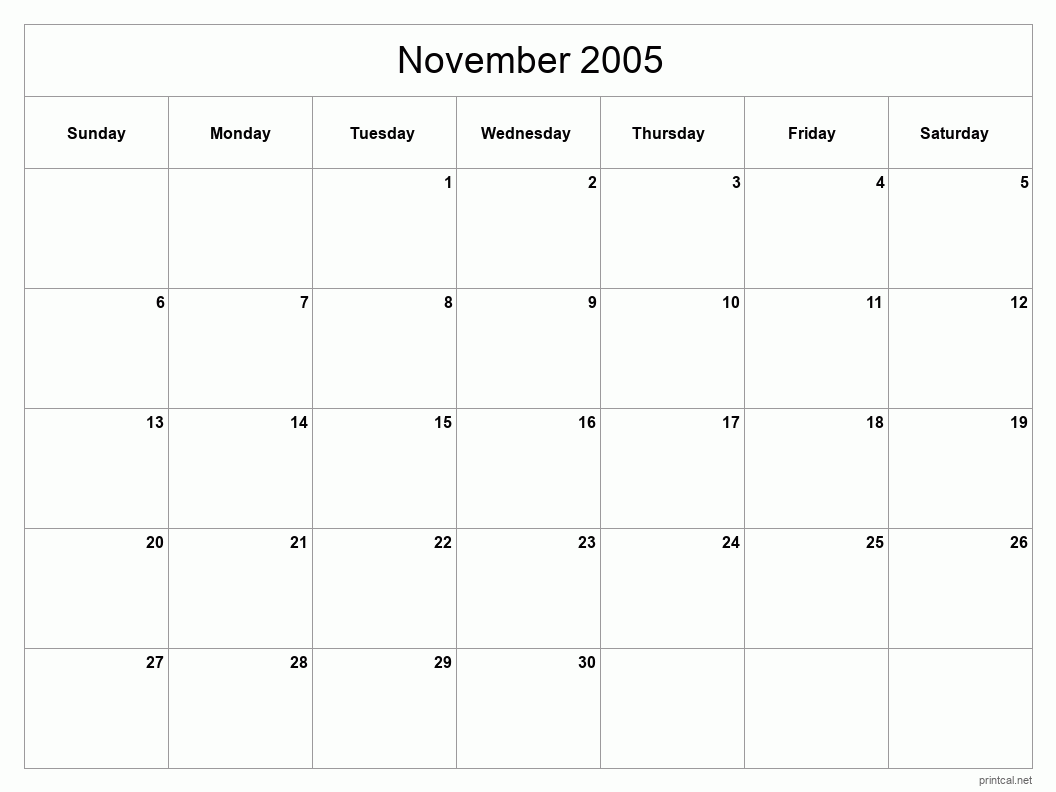 November 2005 Printable Calendar - Classic Blank Sheet