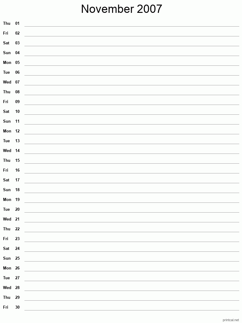 November 2007 Printable Calendar - Single Column Notesheet