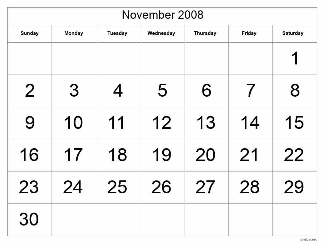 November 2008 Printable Calendar - Big Dates