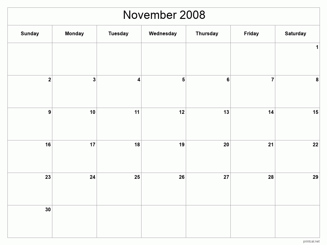 November 2008 Printable Calendar - Classic Blank Sheet