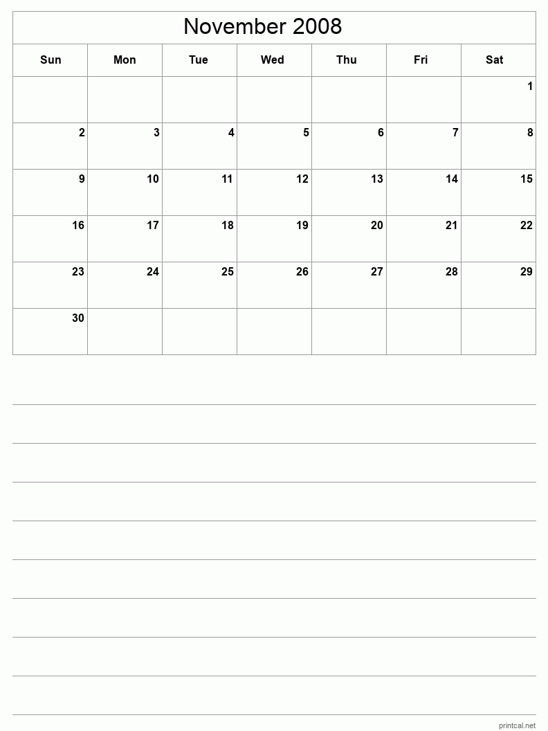 November 2008 Printable Calendar - Half-Page With Notesheet