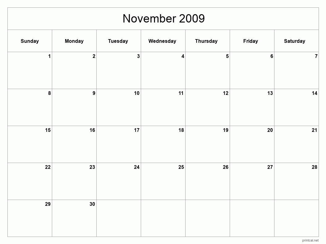 November 2009 Printable Calendar - Classic Blank Sheet