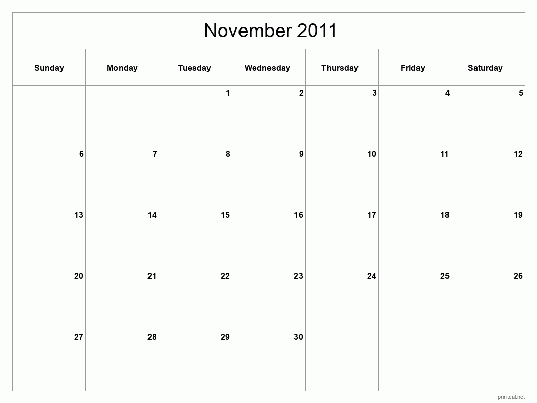 November 2011 Printable Calendar - Classic Blank Sheet