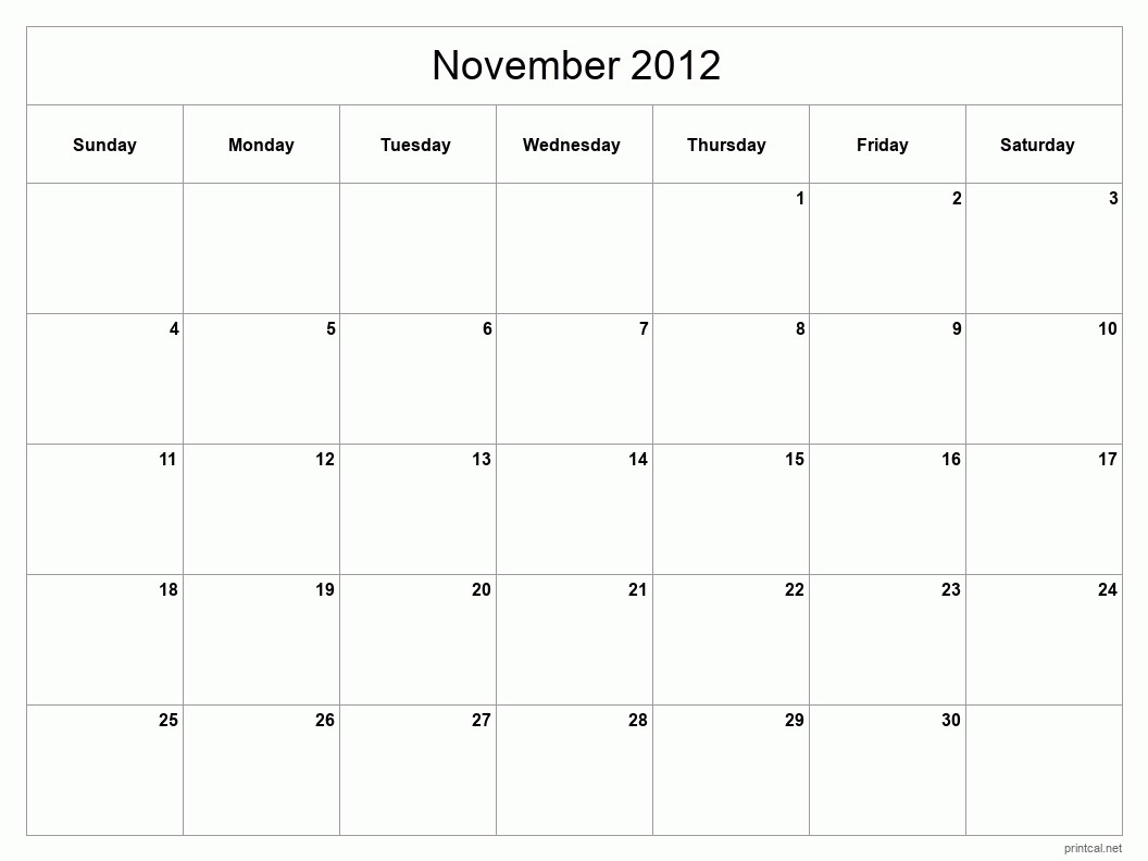 November 2012 Printable Calendar - Classic Blank Sheet