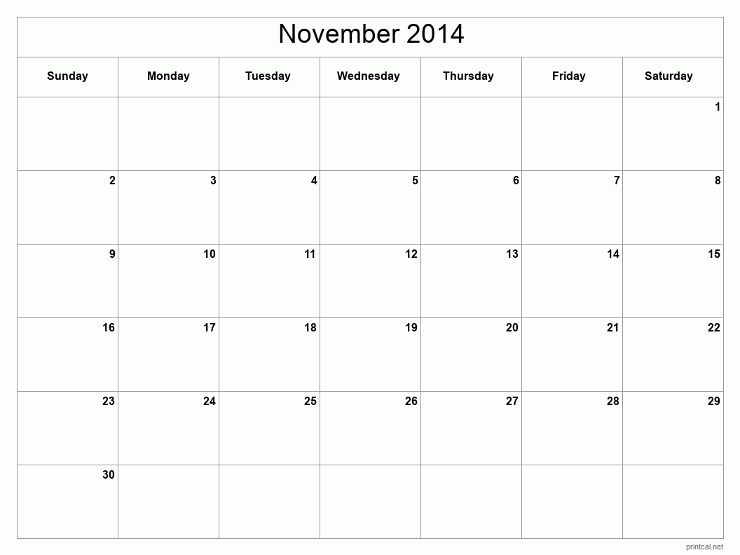 November 2014 Printable Calendar - Classic Blank Sheet