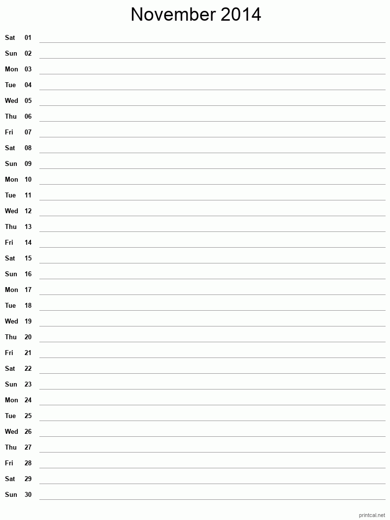 November 2014 Printable Calendar - Single Column Notesheet