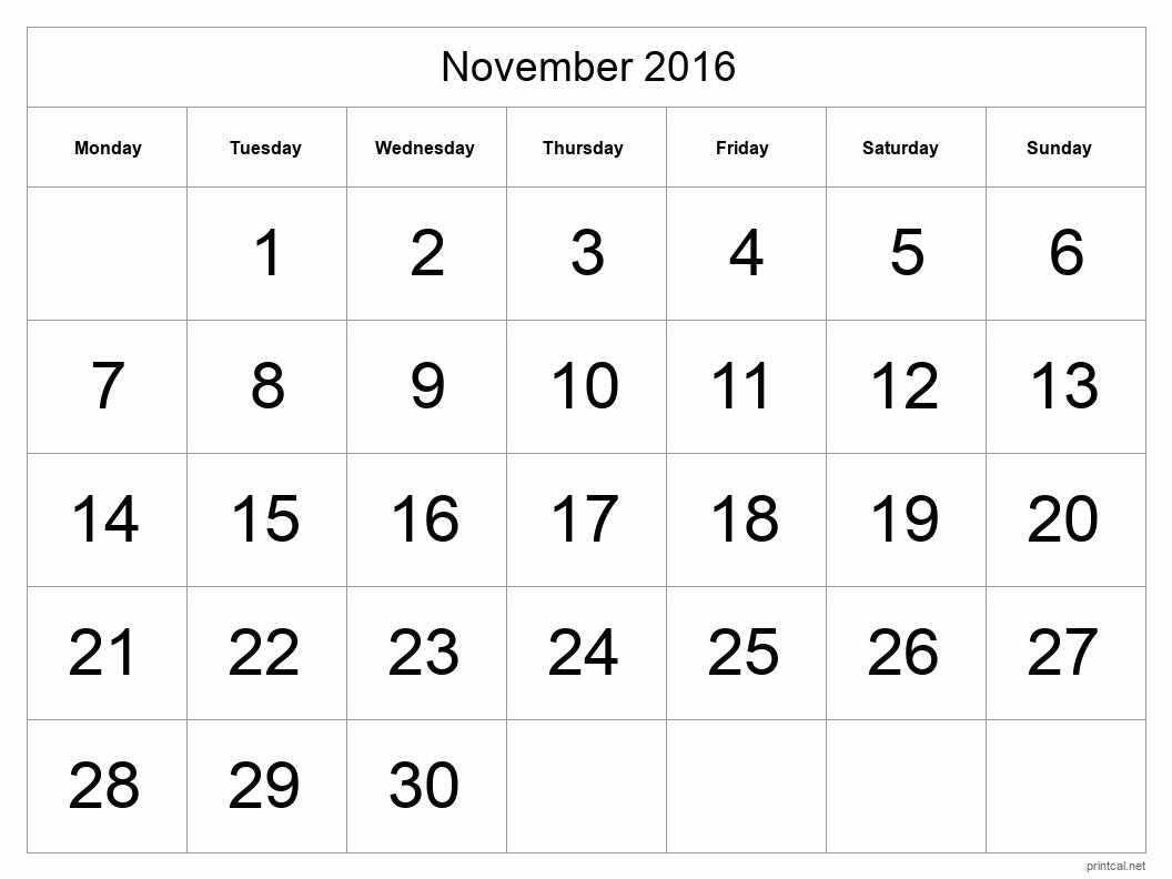 November 2016 Printable Calendar - Big Dates