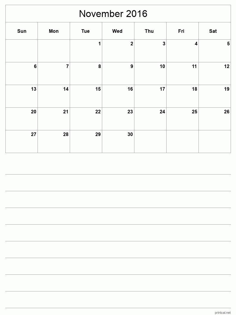 November 2016 Printable Calendar - Half-Page With Notesheet