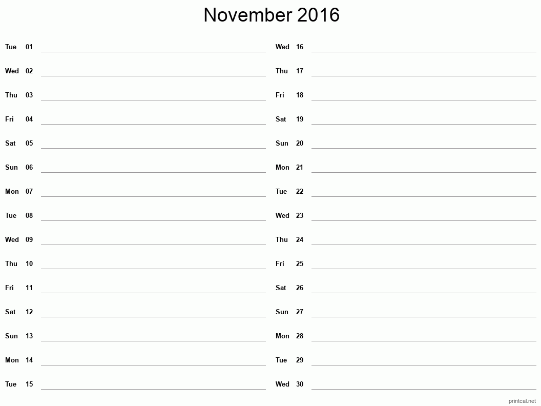 November 2016 Printable Calendar - Two Column Notesheet