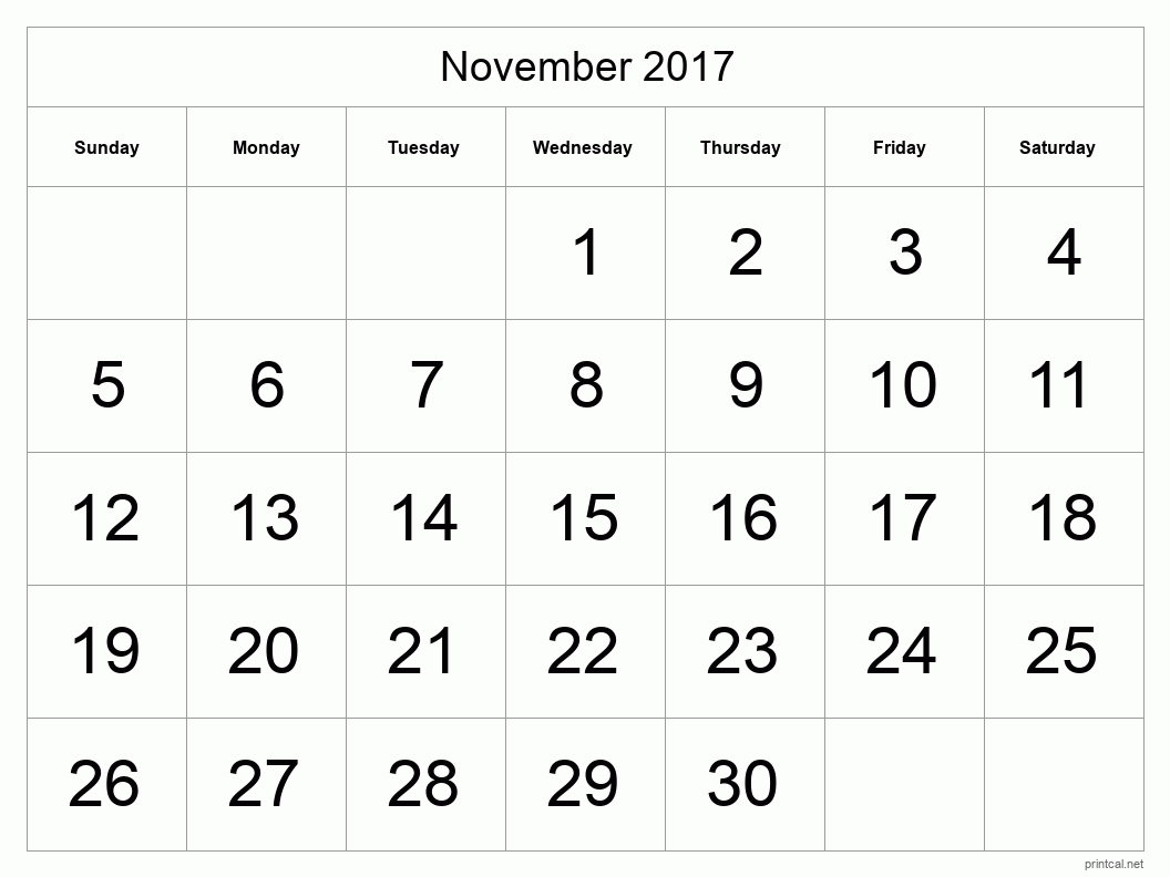 November 2017 Printable Calendar - Big Dates