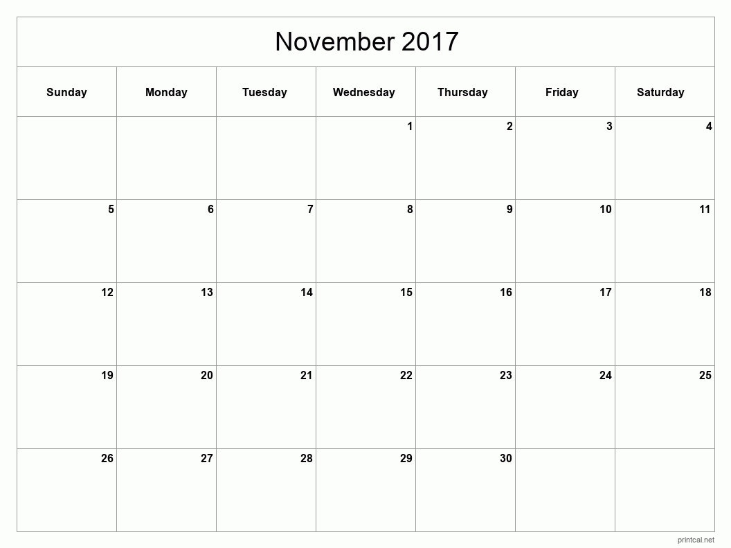 November 2017 Printable Calendar - Classic Blank Sheet