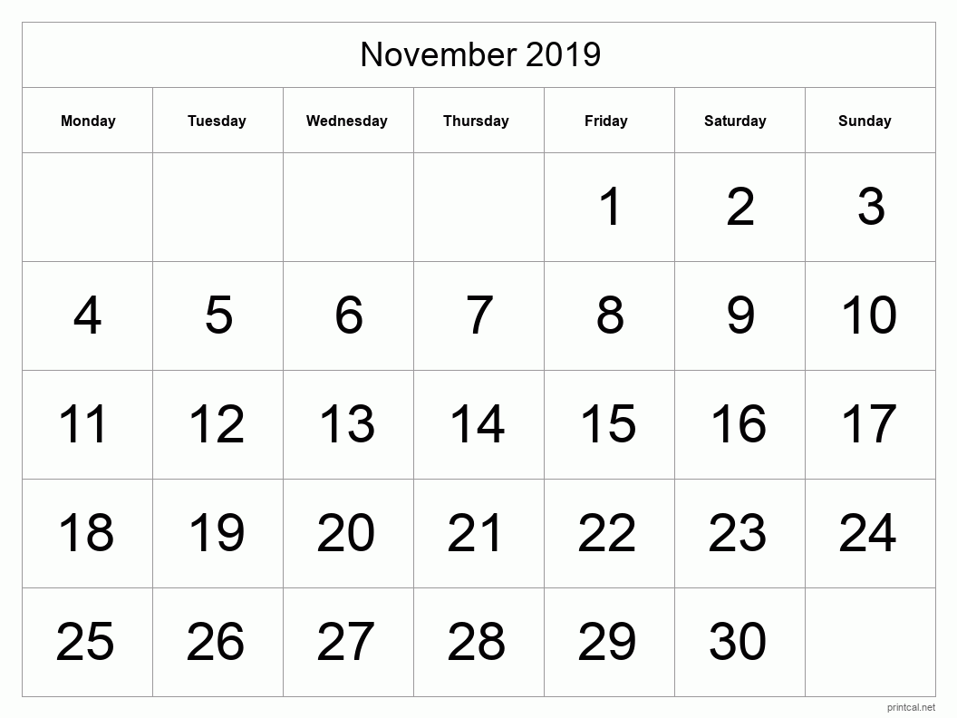 November 2019 Printable Calendar - Big Dates