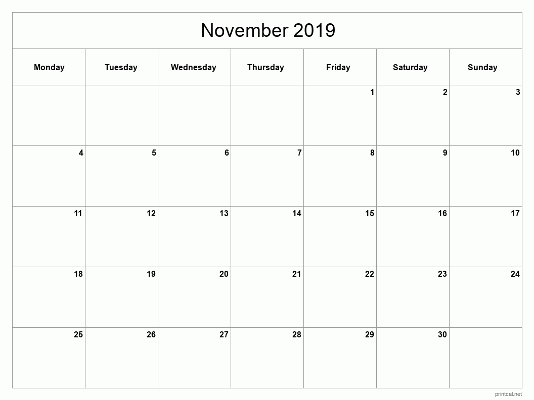 November 2019 Printable Calendar - Classic Blank Sheet