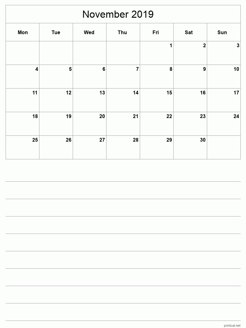 November 2019 Printable Calendar - Half-Page With Notesheet