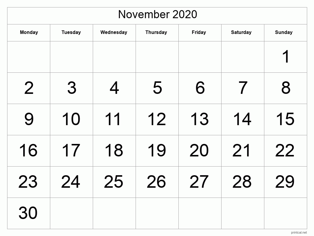 November 2020 Printable Calendar - Big Dates