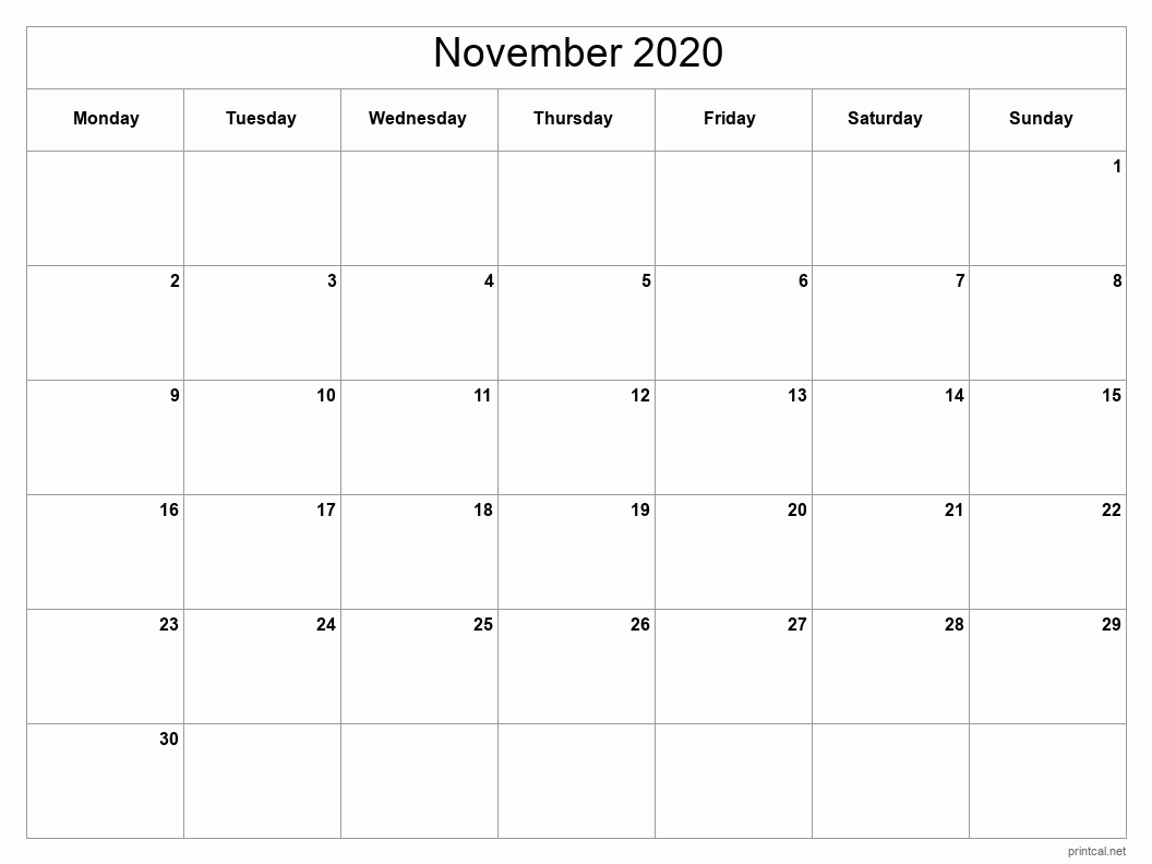 November 2020 Printable Calendar - Classic Blank Sheet