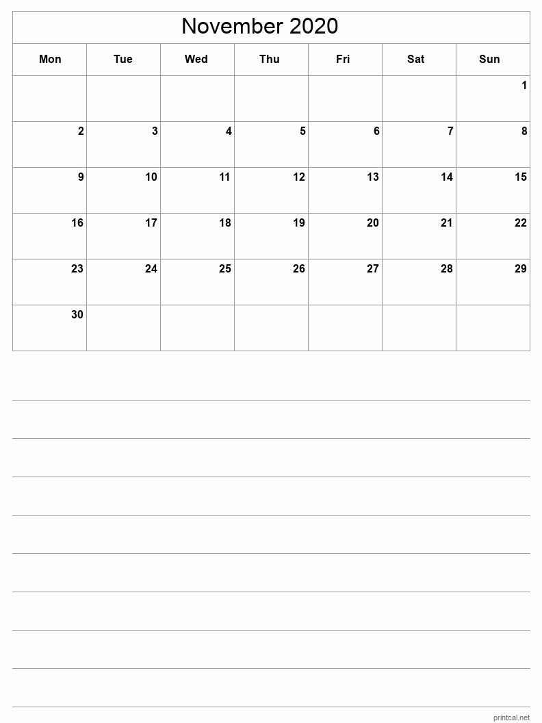 November 2020 Printable Calendar - Half-Page With Notesheet