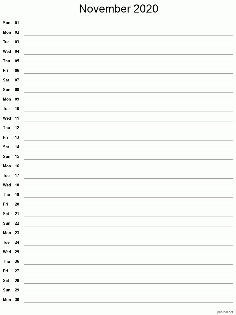 November 2020 Printable Calendar - Single Column Notesheet