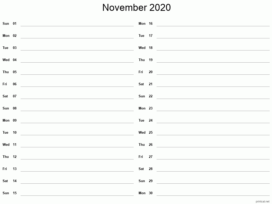 November 2020 Printable Calendar - Two Column Notesheet