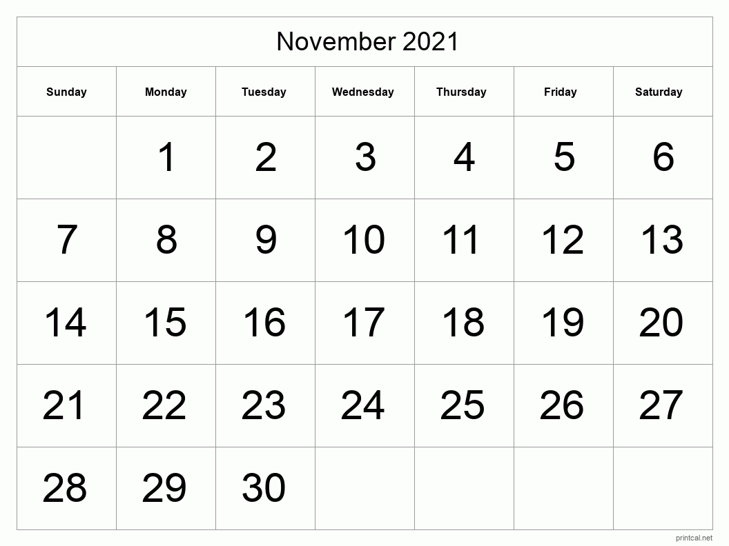 November 2021 Printable Calendar - Big Dates