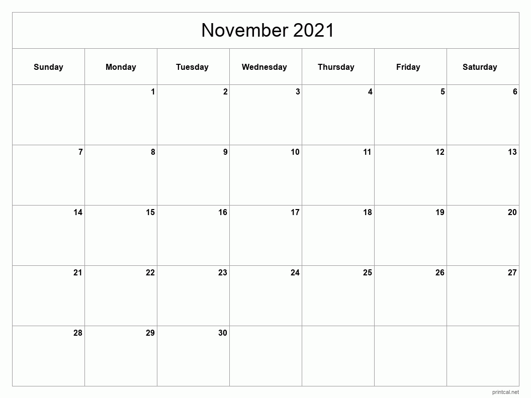 November 2021 Printable Calendar - Classic Blank Sheet