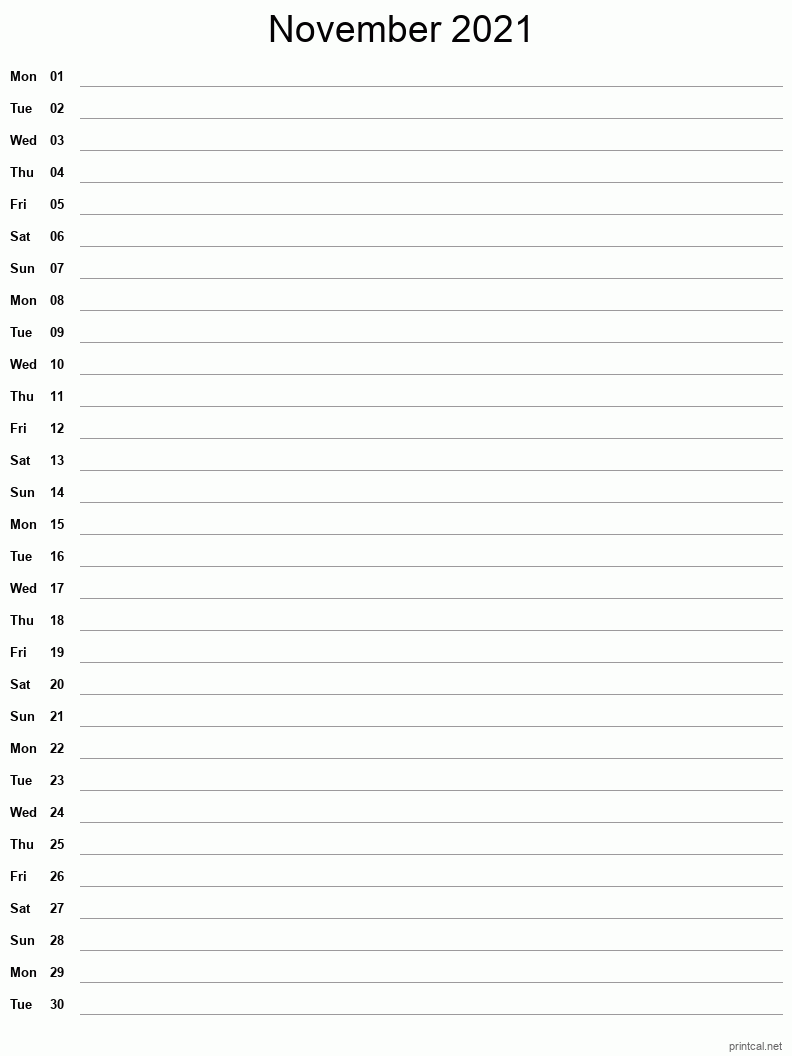 November 2021 Printable Calendar - Single Column Notesheet