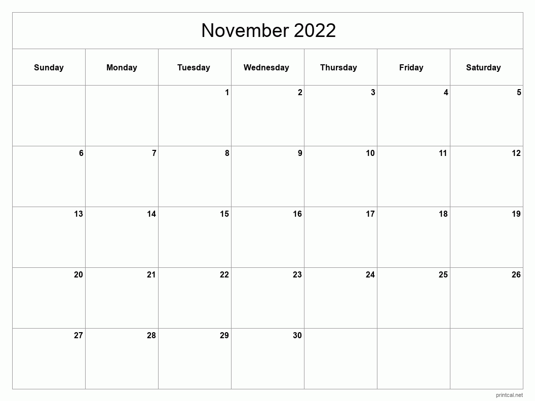 November 2022 Printable Calendar - Classic Blank Sheet