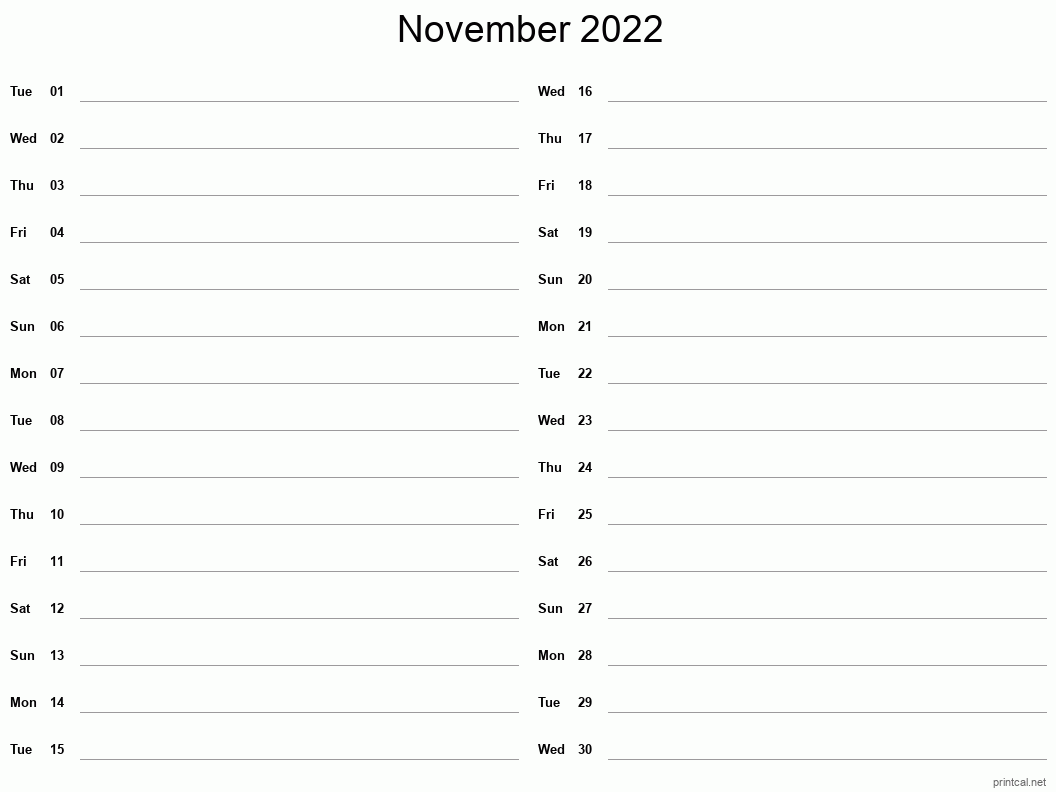November 2022 Printable Calendar - Two Column Notesheet