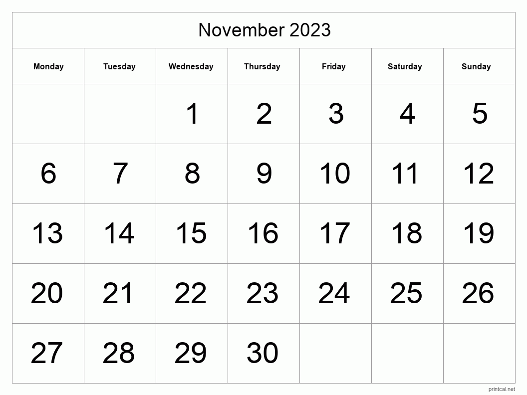November 2023 Printable Calendar - Big Dates
