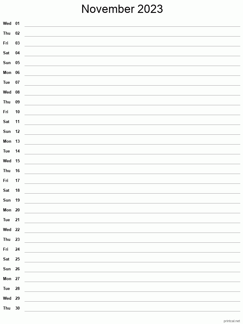 November 2023 Printable Calendar - Single Column Notesheet