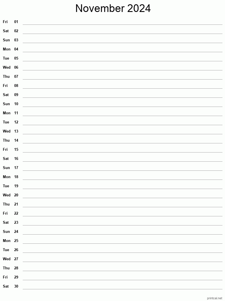 November 2024 Printable Calendar - Single Column Notesheet