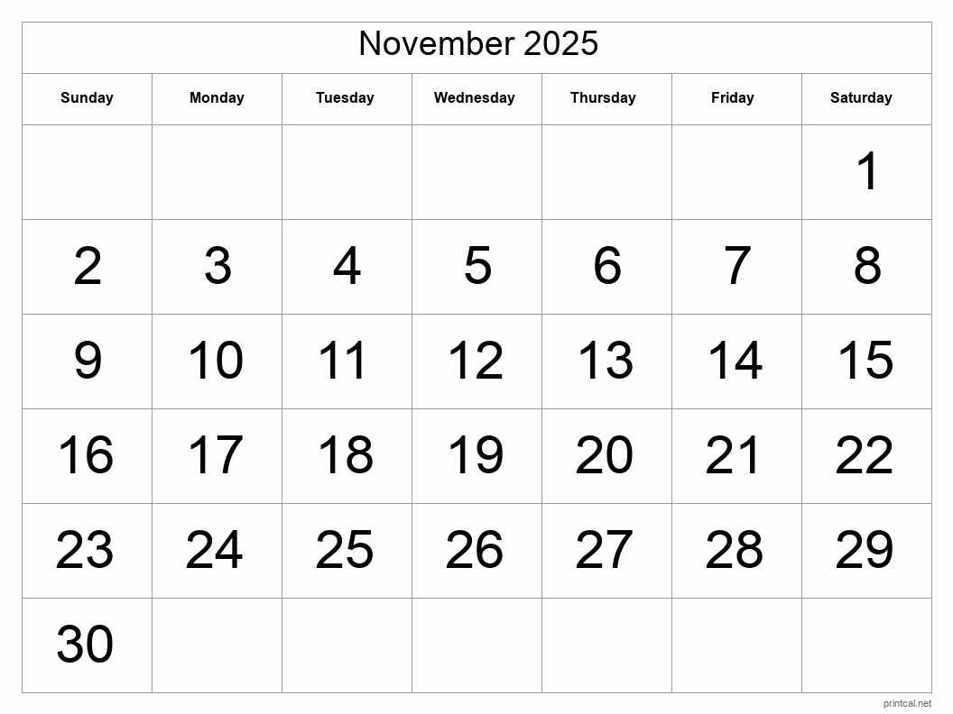 November 2025 Printable Calendar - Big Dates