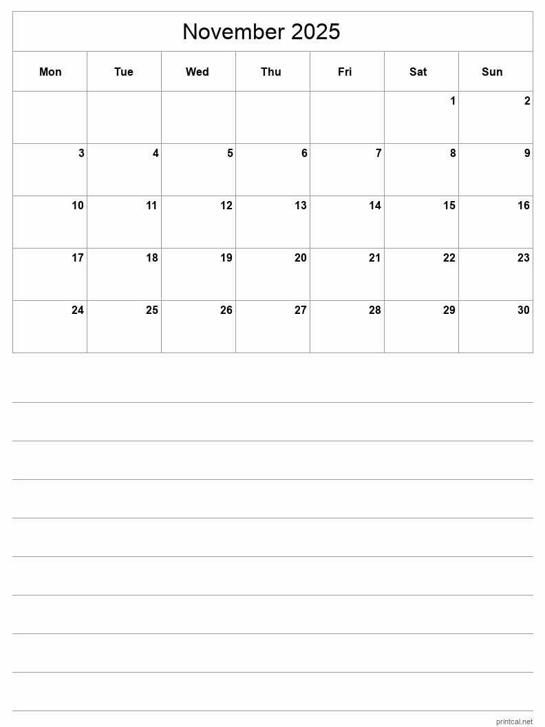 November 2025 Printable Calendar - Half-Page With Notesheet