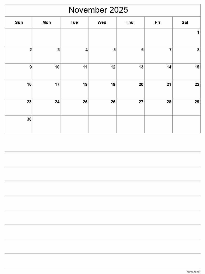 November 2025 Printable Calendar - Half-Page With Notesheet