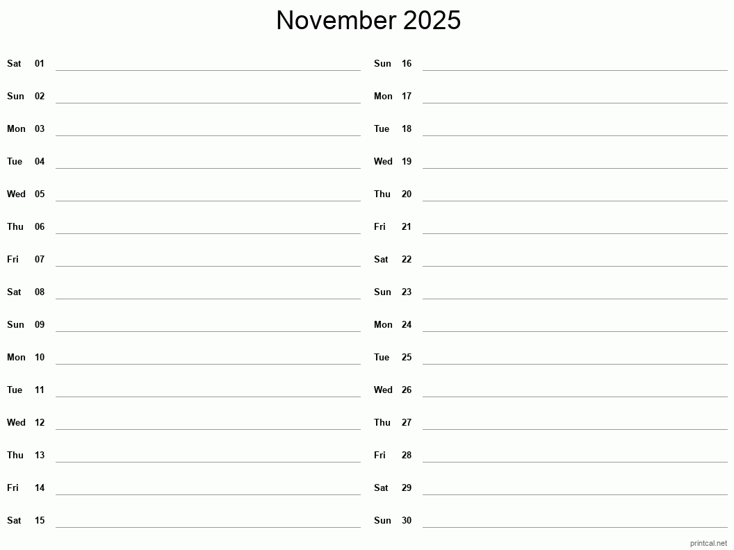 November 2025 Printable Calendar - Two Column Notesheet