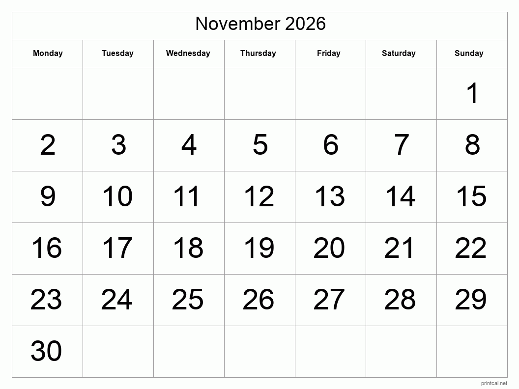 November 2026 Printable Calendar - Big Dates