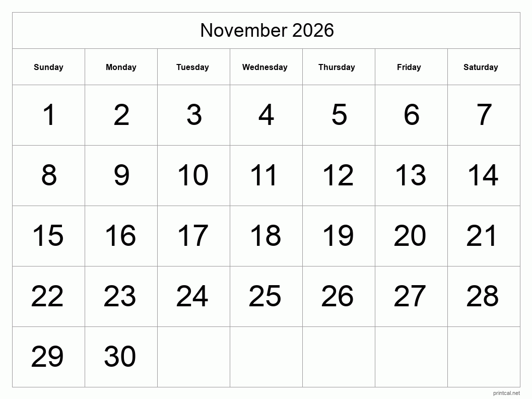 November 2026 Printable Calendar - Big Dates