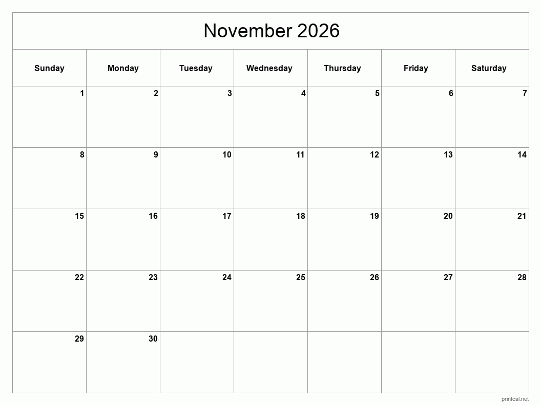 November 2026 Printable Calendar - Classic Blank Sheet