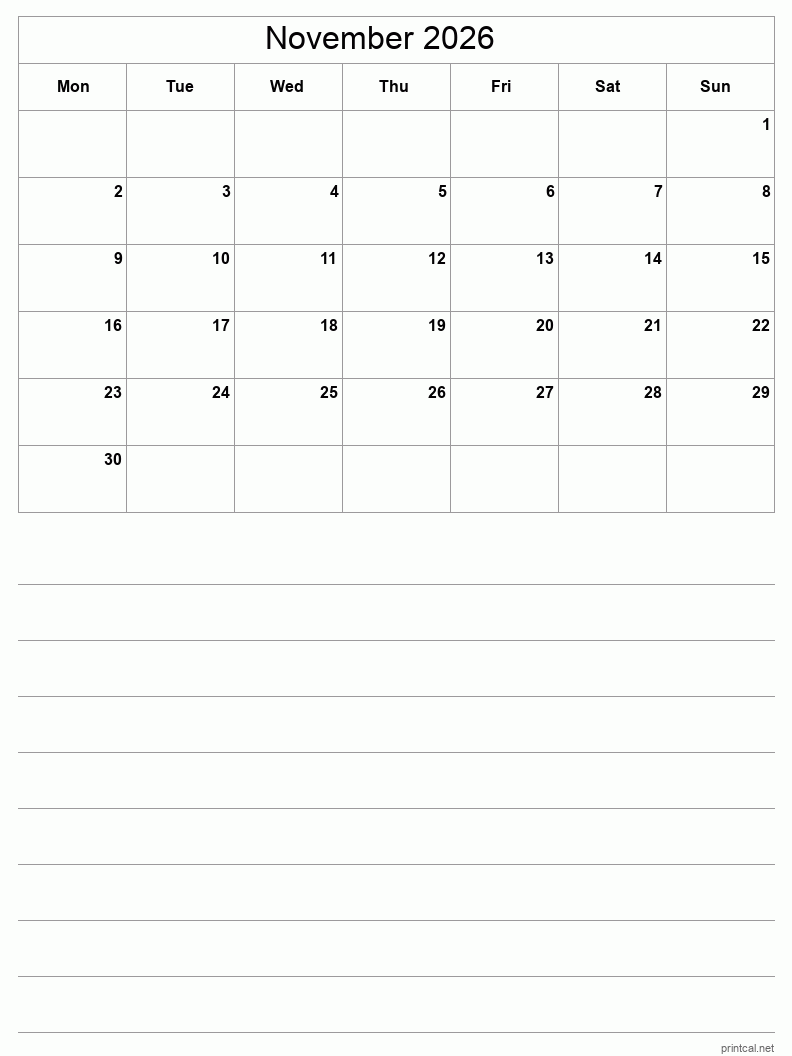 November 2026 Printable Calendar - Half-Page With Notesheet