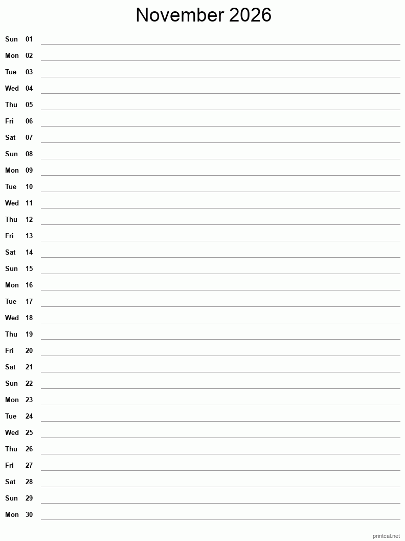 November 2026 Printable Calendar - Single Column Notesheet