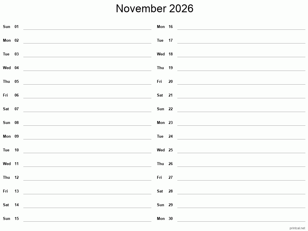 November 2026 Printable Calendar - Two Column Notesheet