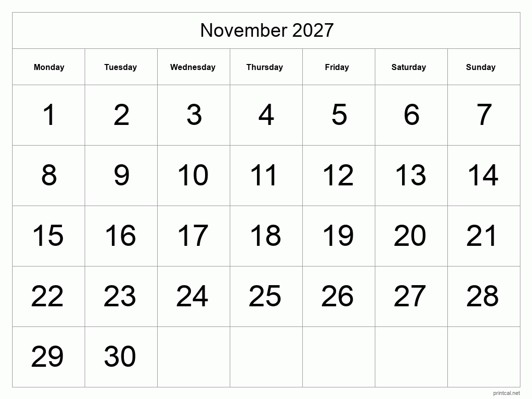 November 2027 Printable Calendar - Big Dates