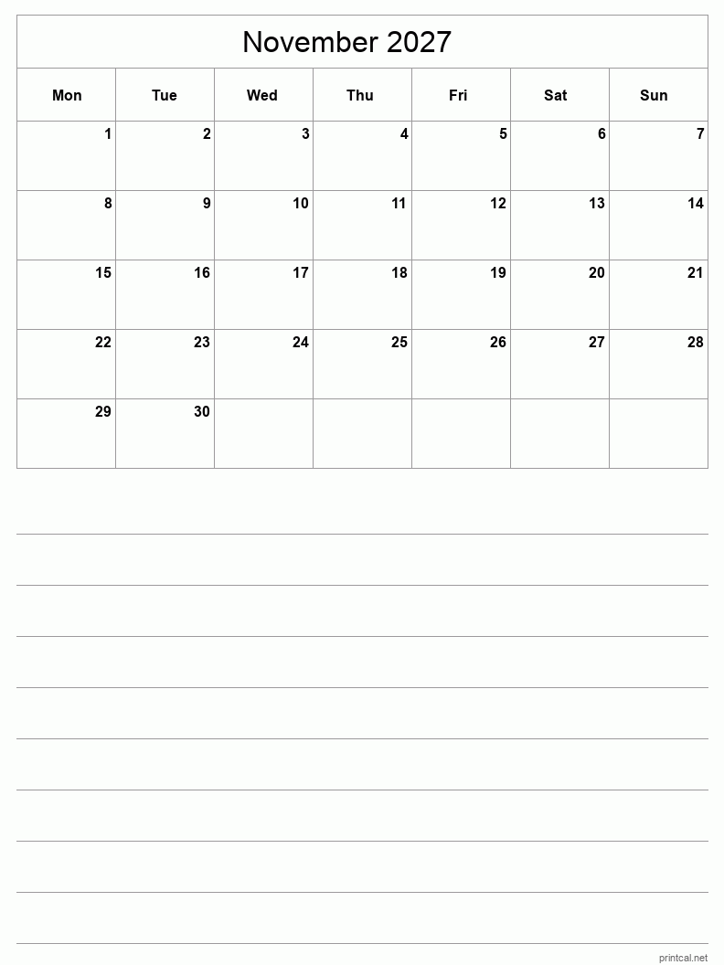 November 2027 Printable Calendar - Half-Page With Notesheet