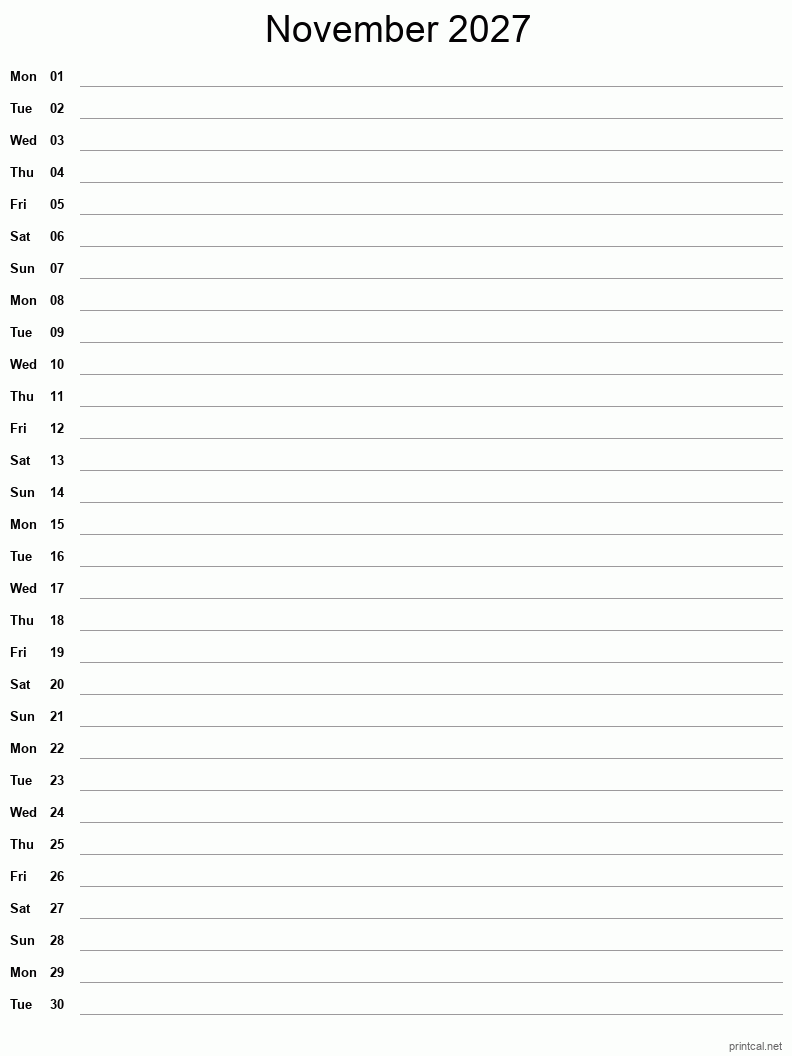 November 2027 Printable Calendar - Single Column Notesheet