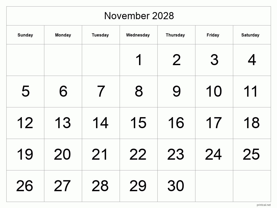 November 2028 Printable Calendar - Big Dates