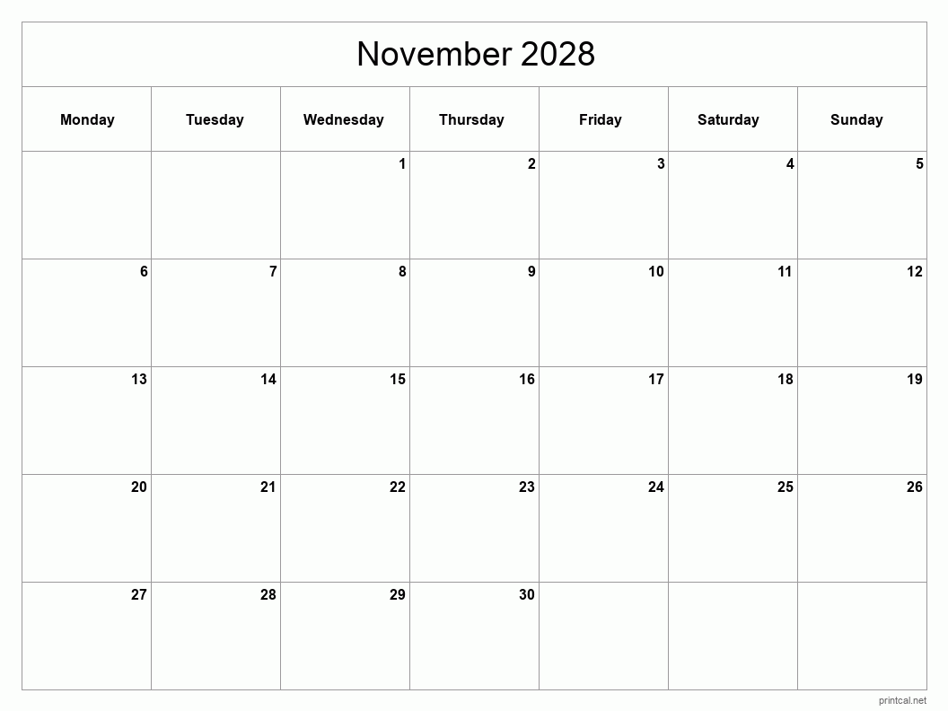 November 2028 Printable Calendar - Classic Blank Sheet