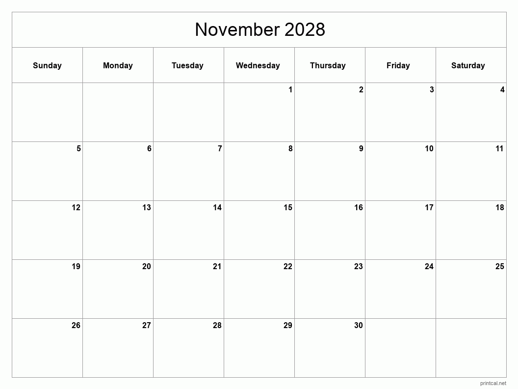 November 2028 Printable Calendar - Classic Blank Sheet