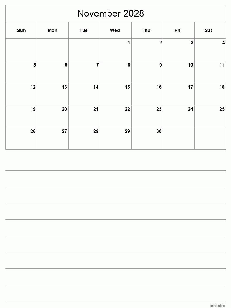 November 2028 Printable Calendar - Half-Page With Notesheet